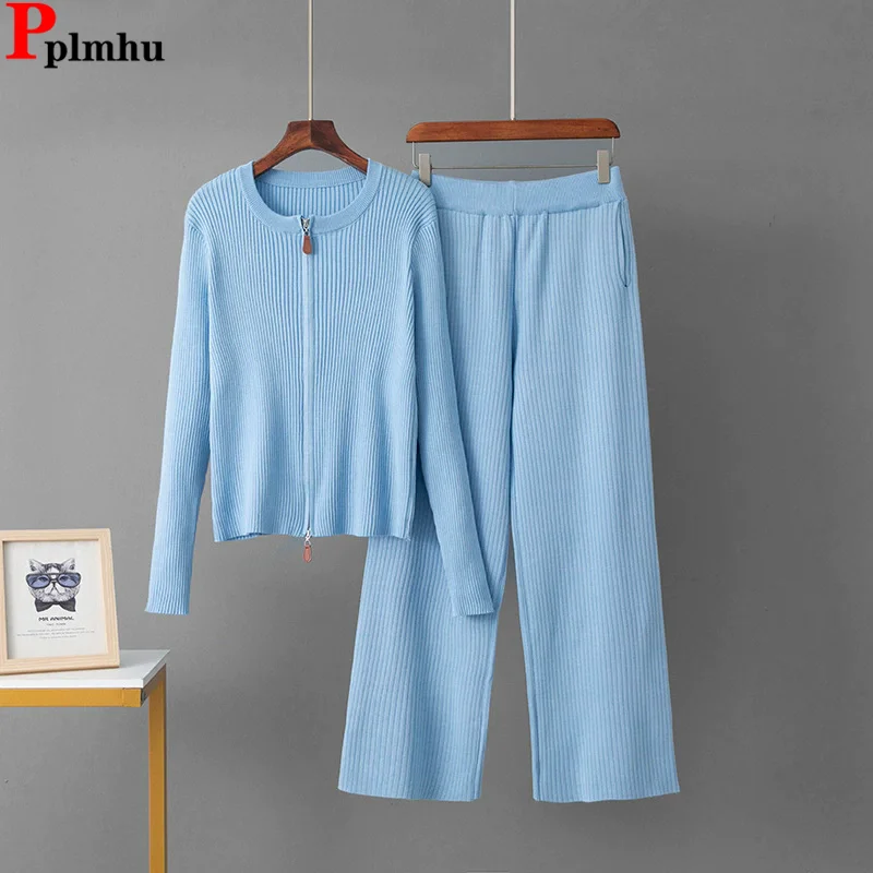 Herfst Winter Nieuwe Gebreide 2-delige sets Vrouwen O-hals Rits Lange mouw Trui Tops Conjuntos Hoge Taille Rechte Broek Outfit Nieuw