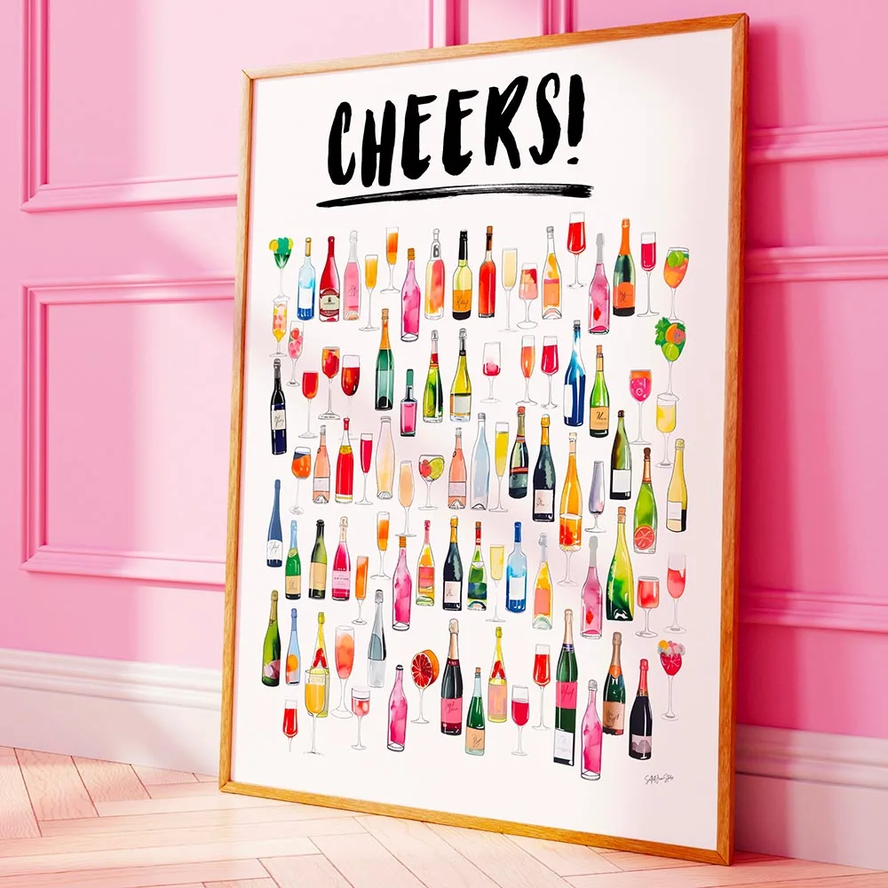 Cheers Prints Canvas Painting Bar Cart Wall Art Trendy Champagne Cocktail Poster Aesthetic Girly Cute Preppy Prints Home Decor