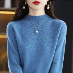 Women's New Cashmere Sweater Autumn Winter 100% Pure Wool Bottoming Shirts Knitted Pullover Hollowed-out Knitwear Soft Jumpers