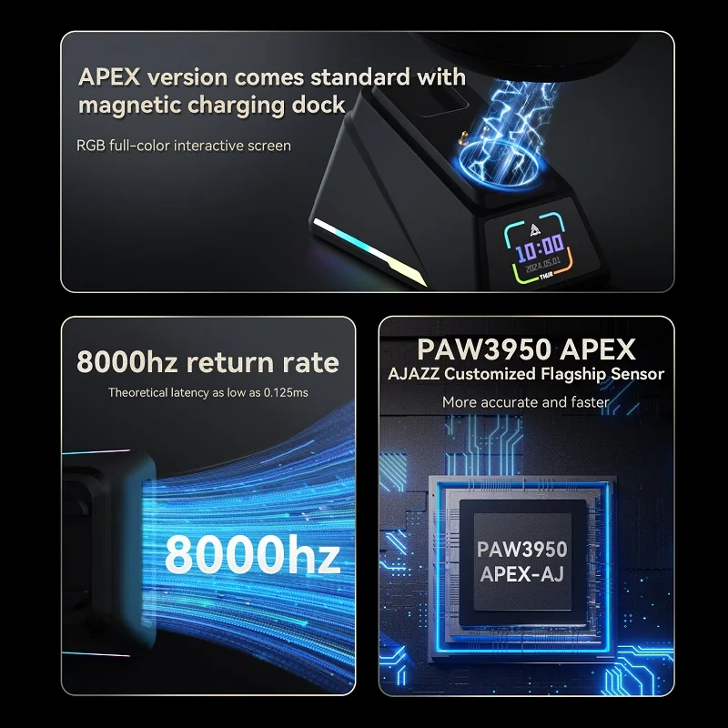Ajazz AJ179 Apex Esports Gaming Mouse, PAW3950 Sensor, Wireless Bluetooth Tri‑Mode, Lightweight with Charging Dock