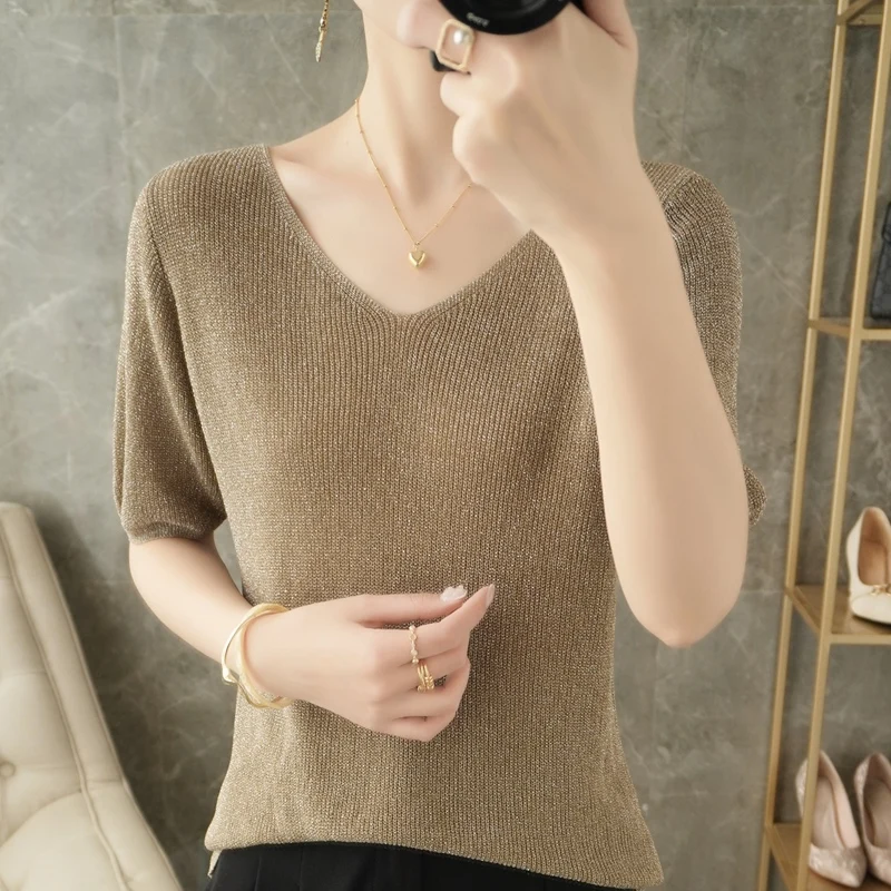 

Свитер женский с V-образным вырезом, универсальный Свободный пуловер с коротким рукавом, универсальный свитер в Корейском стиле, однотонный, большие размеры, на лето