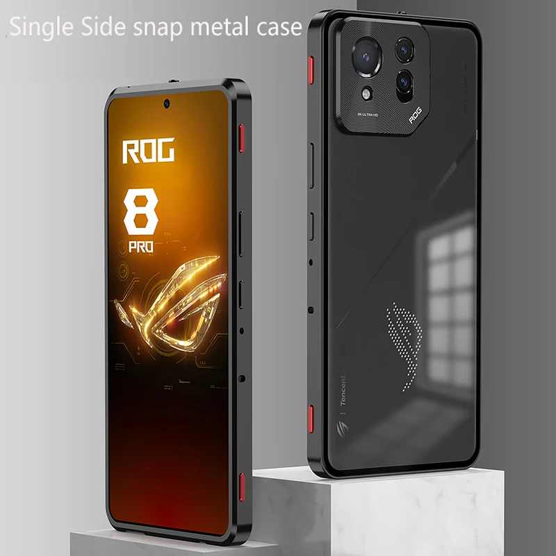 

Metal Bumper Phone Case Elastic Lock Buckle for ASUS ROG Phone 8 Pro Single Sided Matte Clear Back Full Lens Protect Cover Cases