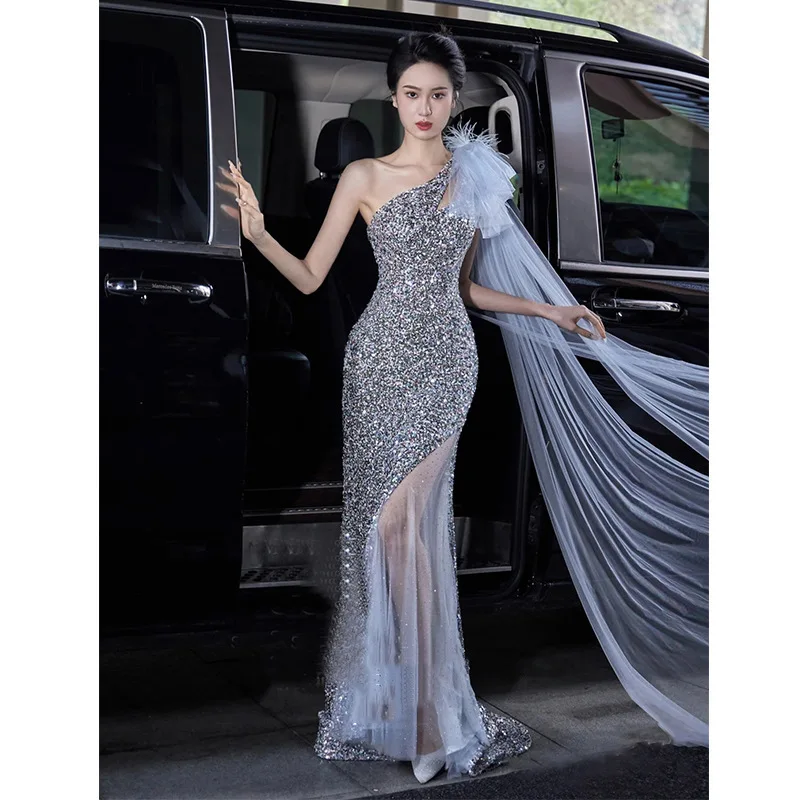 

New High-end Sequin Temperament Fishtail Dress Wedding Guests Important Occasion Dress Host Stage Clothes Quinceanera Dresses