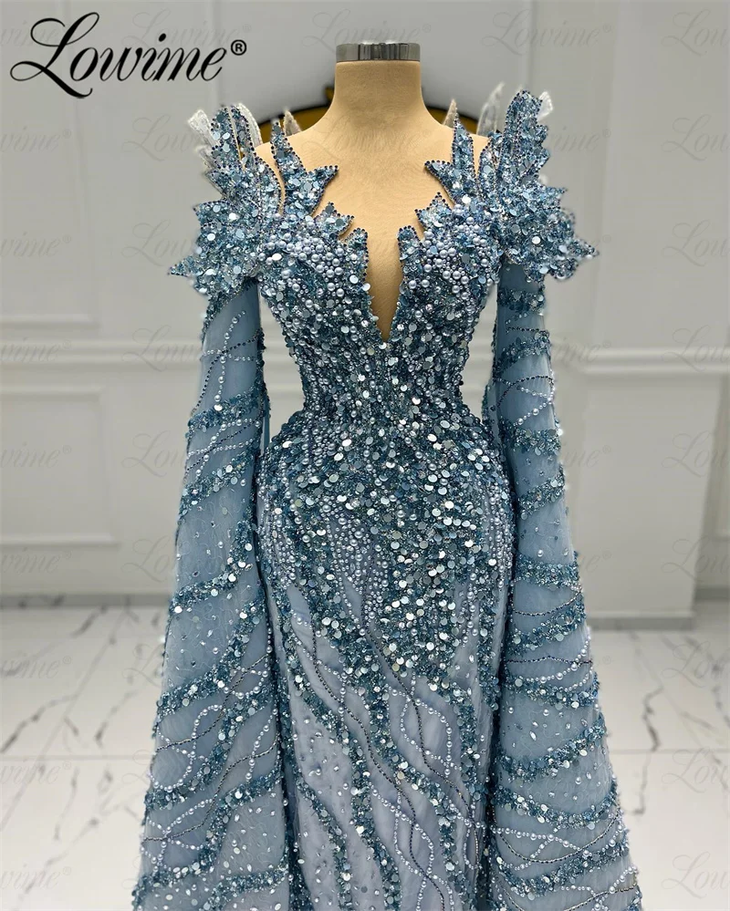 Blue Evening Dress Dubai Arabic Long Sleeve Celebrity Dresses 2024 Couture Heavy Beads Aso Ebi Crystal Plus Size Party Prom Gown