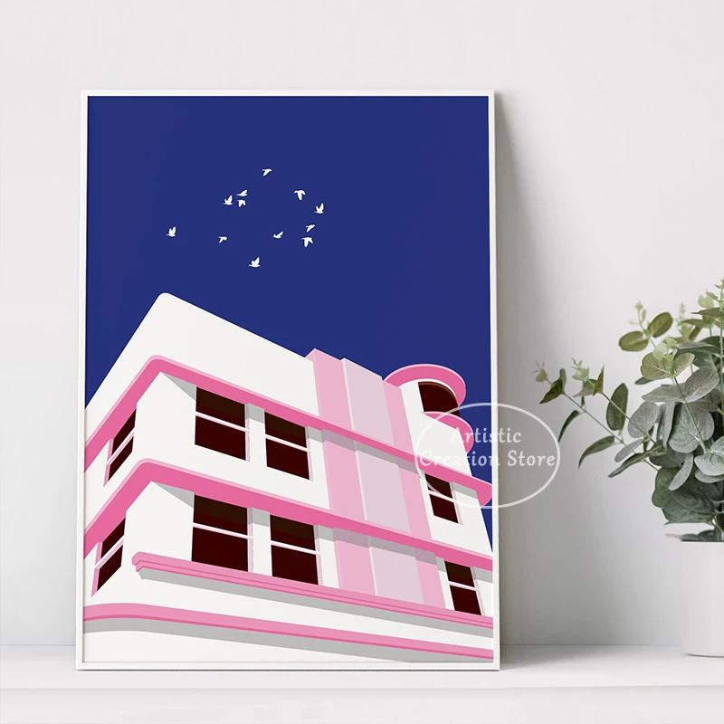 Minimalism Miami Art Deco Building Poster  America Architecture Art Canvas Painting Prints Wall Living Room Picture Home Decor