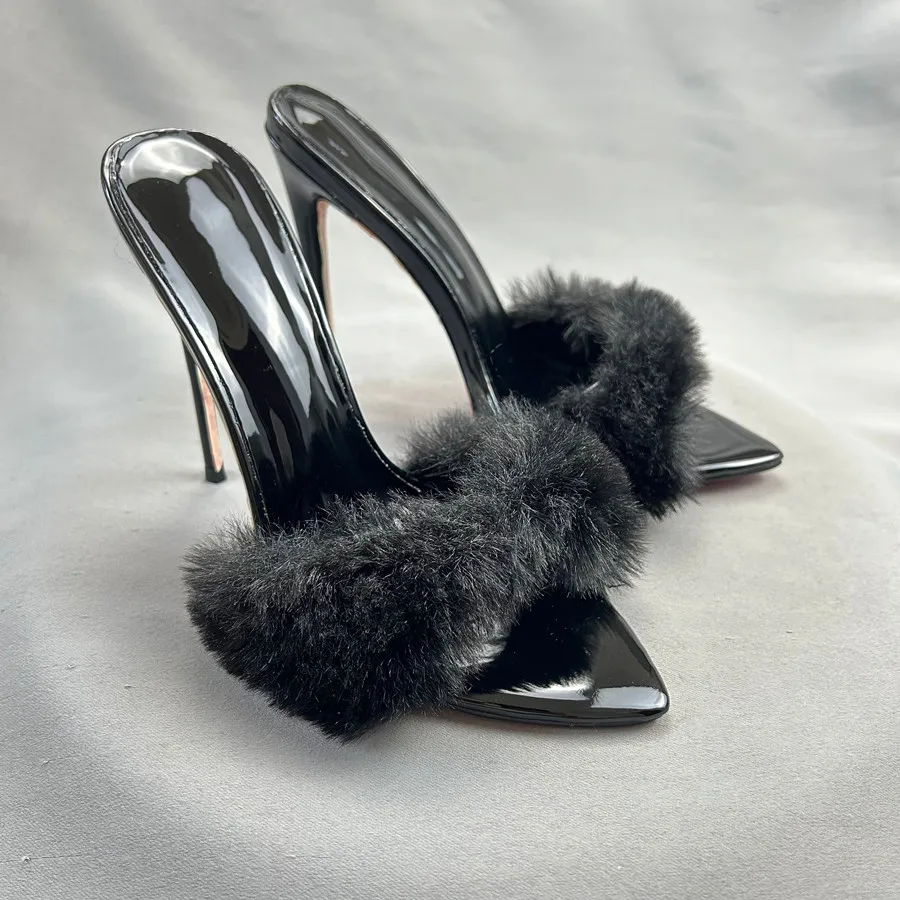 Customize Women Sexy Black Fur Pointy Toe Slipper Women\'s High Heels Sandal Stilettos OL Work Ladies Dress Shoes Plus Szie 45 46