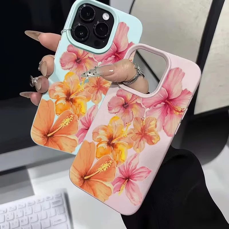 Для iPhone 16, 15, 14, 13, 12, 11 Pro Max Plus XS Max X XR акварельный чехол с цветком гибискуса и личи, конфетный силиконовый чехол для телефона