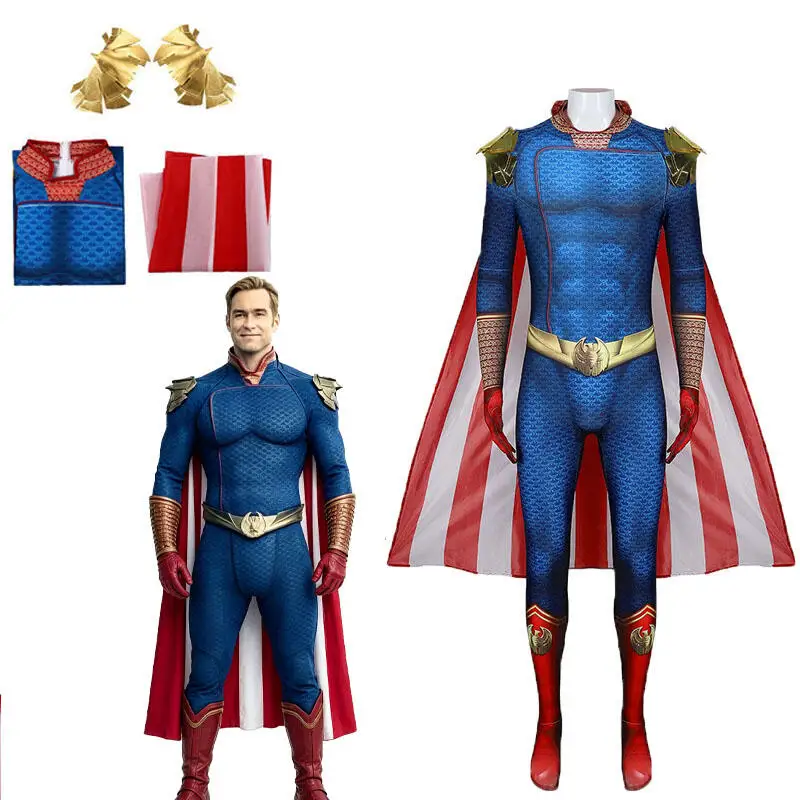 Costume de cosplay de super-héros The Boys Homelander pour adulte, costume d'Halloween pour homme, combinaison Antony Starr, cape, body bleu
