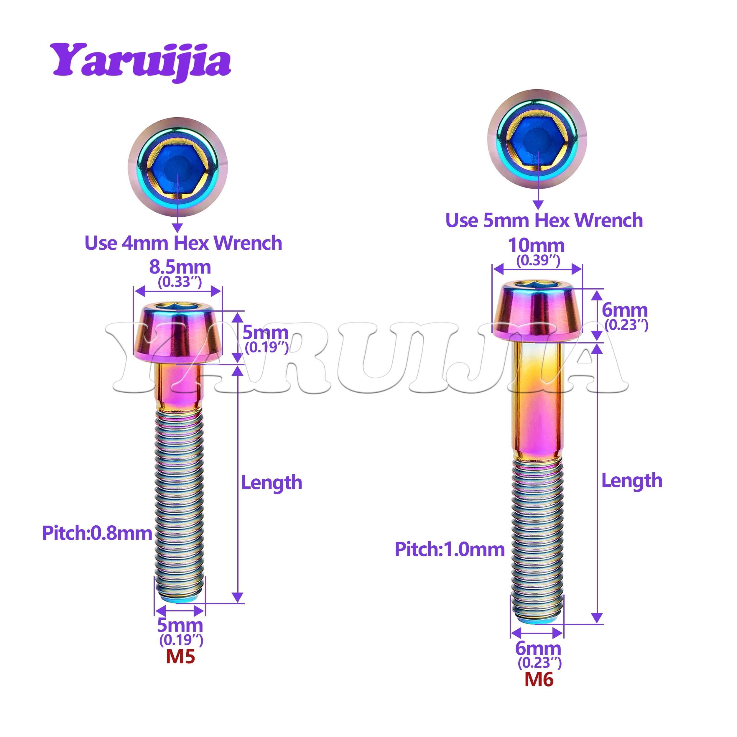 Yaruijia Titanium Bolt M5/M6/M8x9/10/15/16/18/20/25/30/35/40/45~ 65mm Allen Key Taper Head Bolt Screw for Bicycle Headset Brake