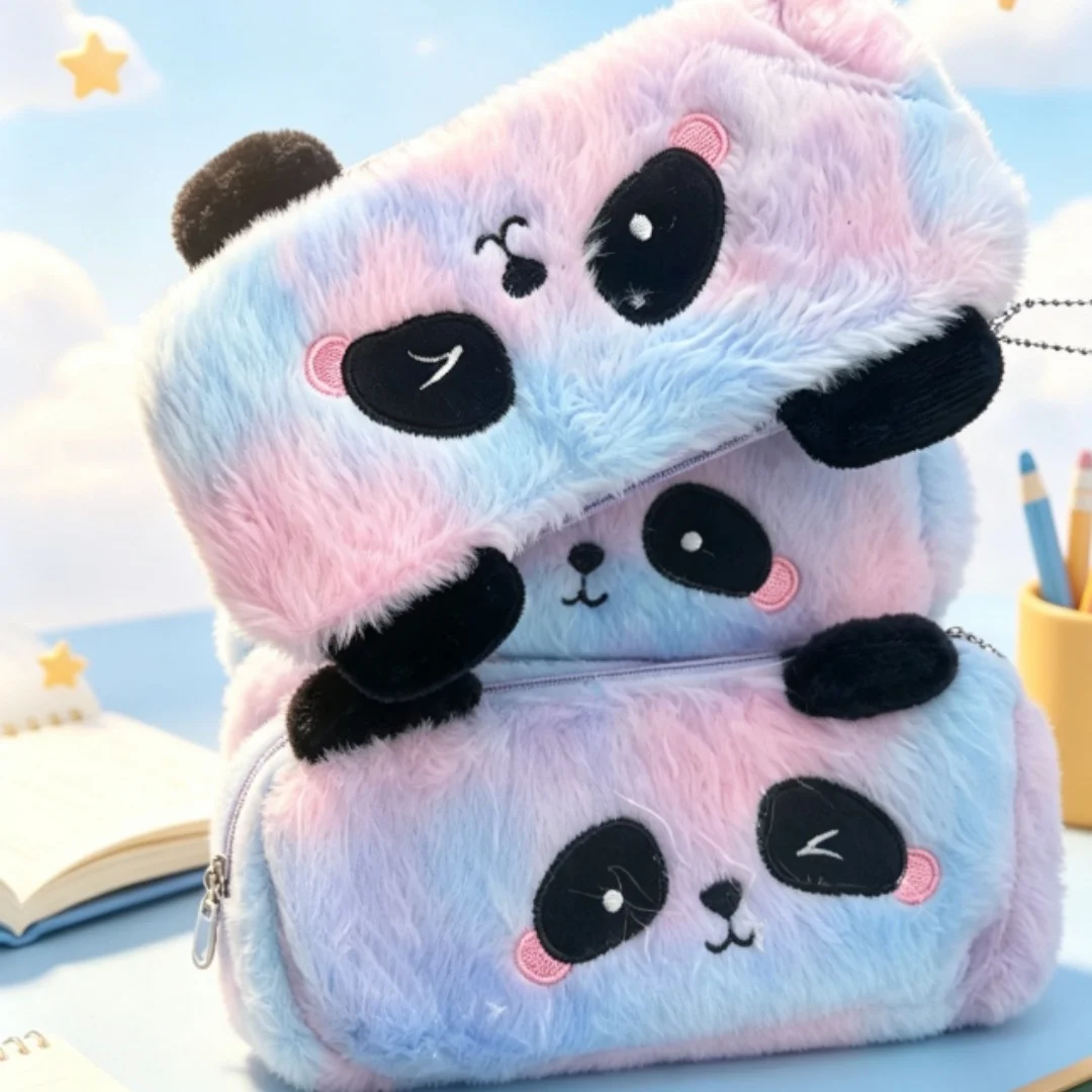 Cute Gradient Embroidered Panda Plush Pencil Bag Kawaii Pencil Case Dual Purpose Coin Purse For Kids Back To School Stationery