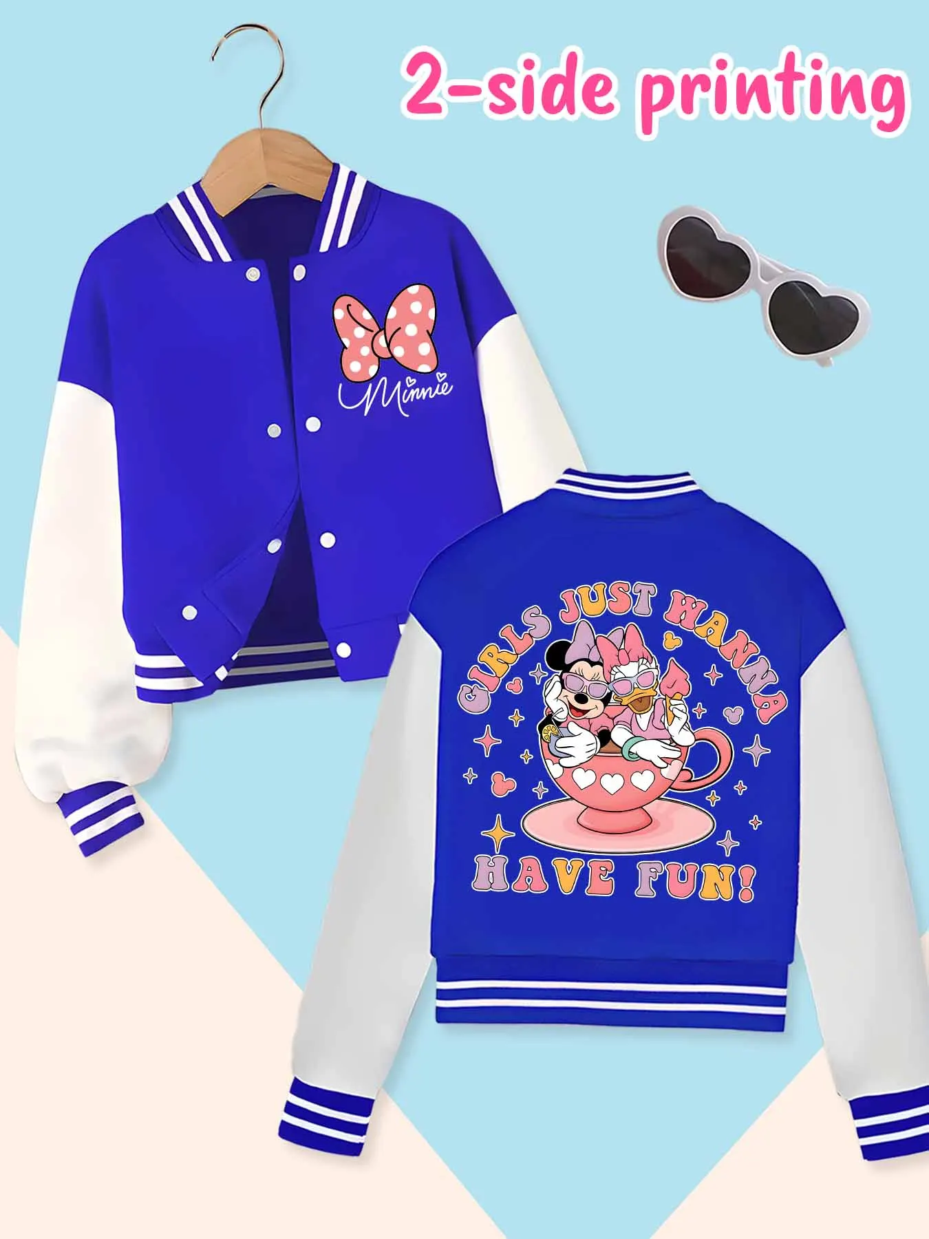 Chaqueta de béisbol de tendencia de moda de Disney, adecuada para deportes diarios y ropa casual, estampada con lindo patrón de Minnie, bonito regalo.