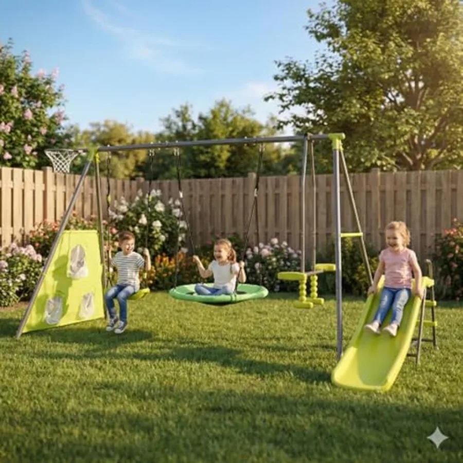 

Игровой комплекс 6 в 1 для улицы с горкой и 3 качелями, усиленный, выдерживает нагрузку до 200 кг, зеленый