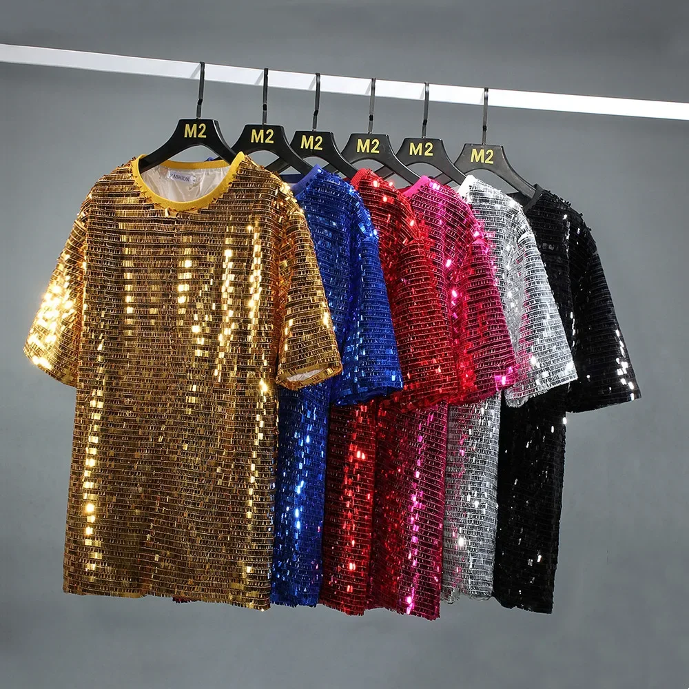 

Reflective Show Sequins T-shirts Gold Silver Sequin Loose Short Sleeve Tees Male Hip Hop Jazz Dance Team Stage Performance Tops