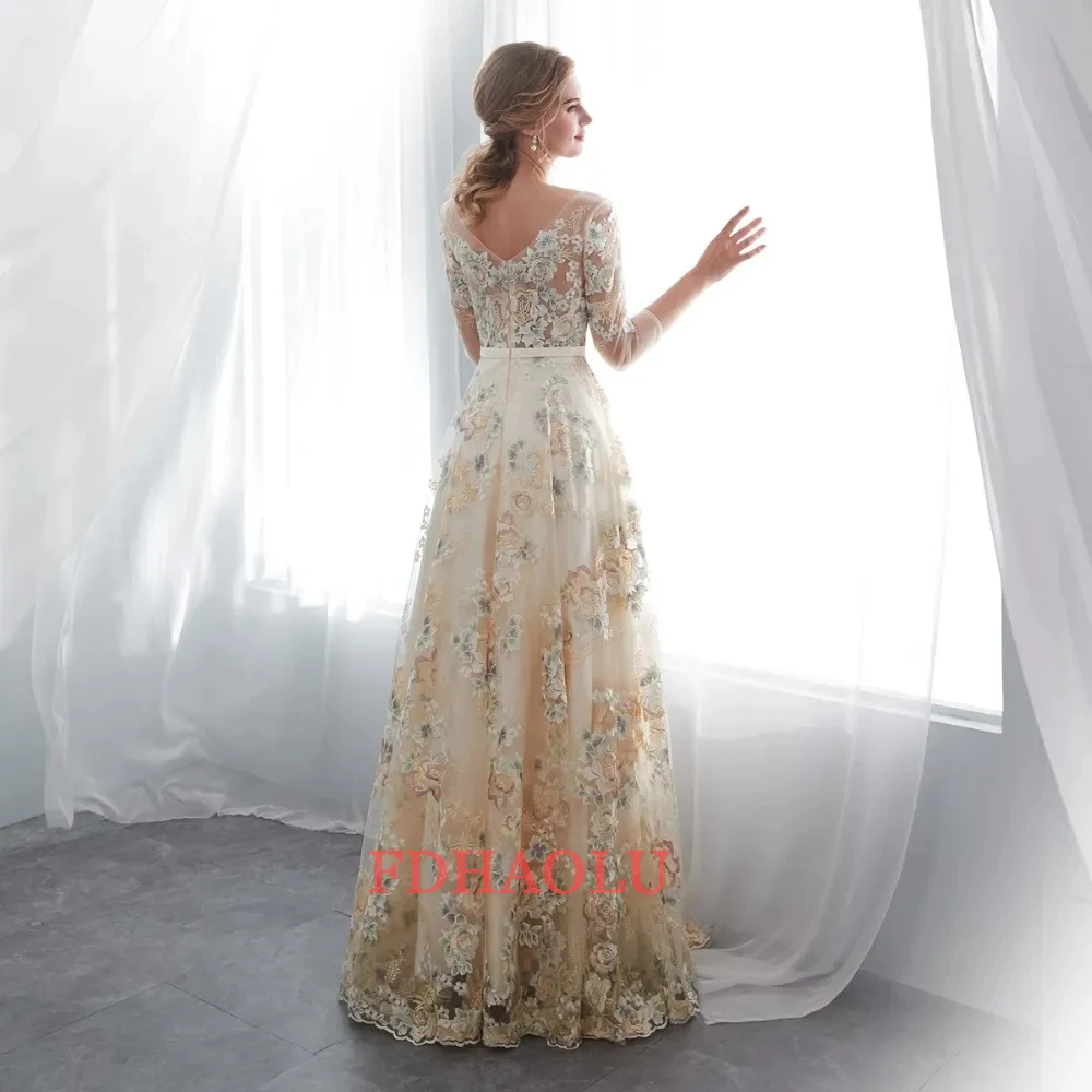 FDHAOLU Floral Prom Dresses Lace 3/4 Sleeves A-line Champagne Belt Empire Waist Long Evening Gowns Vestido De Formatura