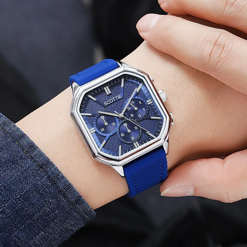 

New stylish square men's watch with large dial, leather strap, three-eye design, multi-functional, trendy men's watch