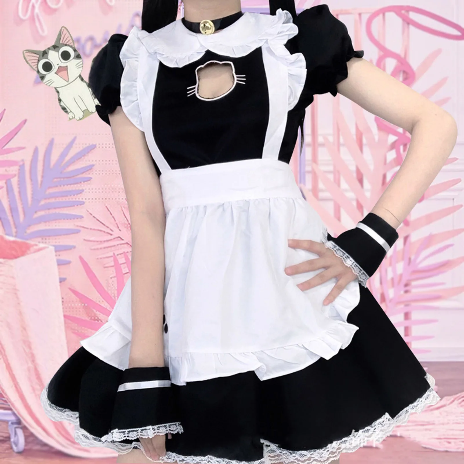 Anime Maid Cosplay Costume Womens Cute Cartoon Black White Apron Cat Dresses Girls Kawaii Princess Lace Hollow Out Dress