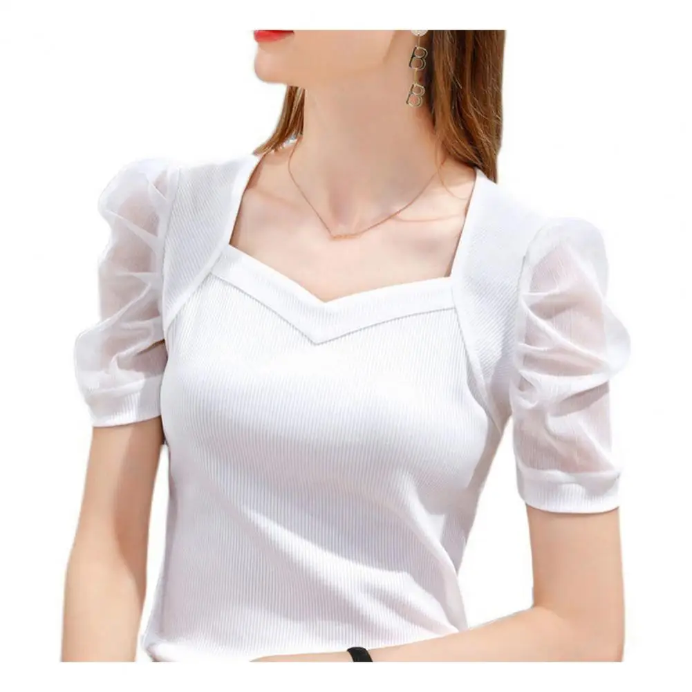 Women Blouse 3/4 Sleeves Breathable Pullover Top  Lady Summer Fashionable Ultra-thin T-shirt For Daily Life