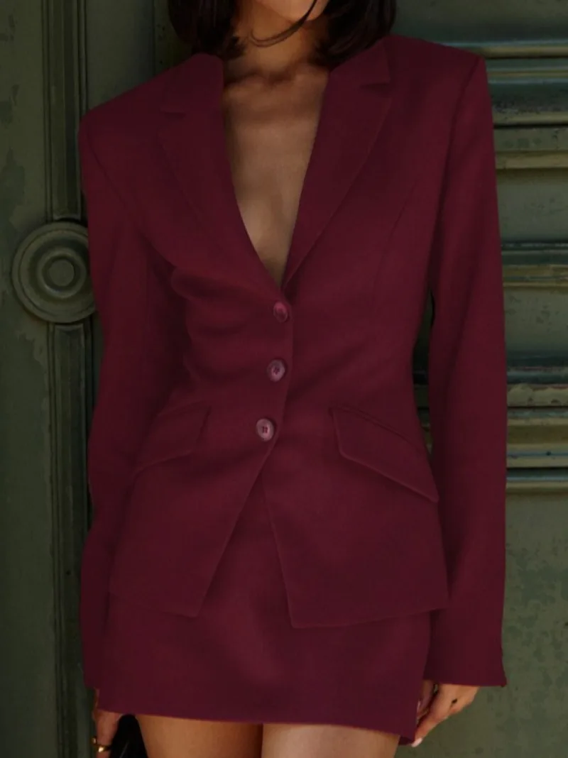FDYOUI Elegant Office Lady Single Breasted Suit+Skirt Two Piece Set Women's Fashion Wine Red Blazer Coat Dress Suits High Street