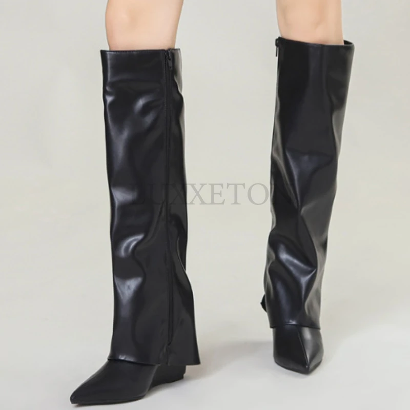 Autumn and Winter New European and N Niche Trouser Boots Pointy Black But Lacquered Boots Female High-heeled Knight Boots