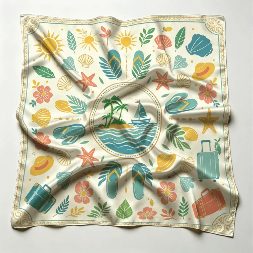 Summer Beach Vibe Sun Sail Palm Women Border Print Square Scarf, Stylish Multi-use Accessory Gift