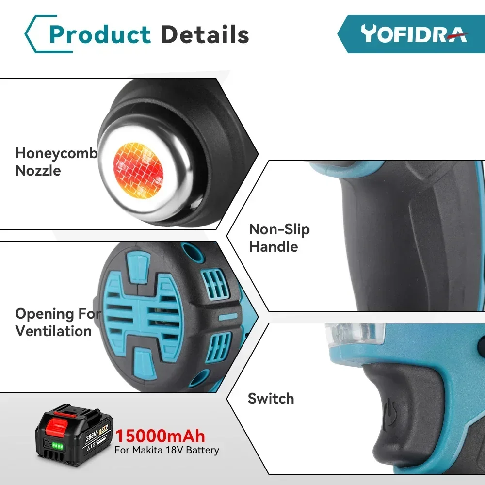 Yofidra 2000W Electric Heat Gun for Makita 18V Battery Cordless Handheld Hot Air Gun with 3 Nozzles Industrial Home Hair Dryer