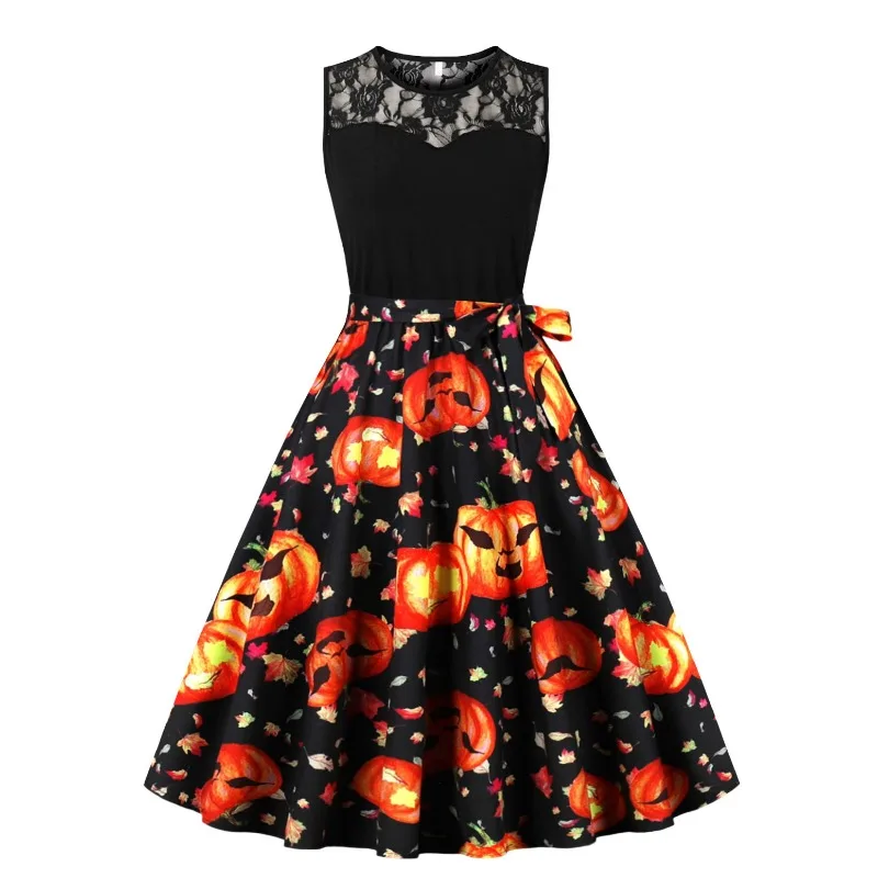 2026 New Halloween Lace Splice Neck Midi Dress Streetwear 50s Black Pumpkin Maple Print A Line Swing Retro Holiday Party Dresses