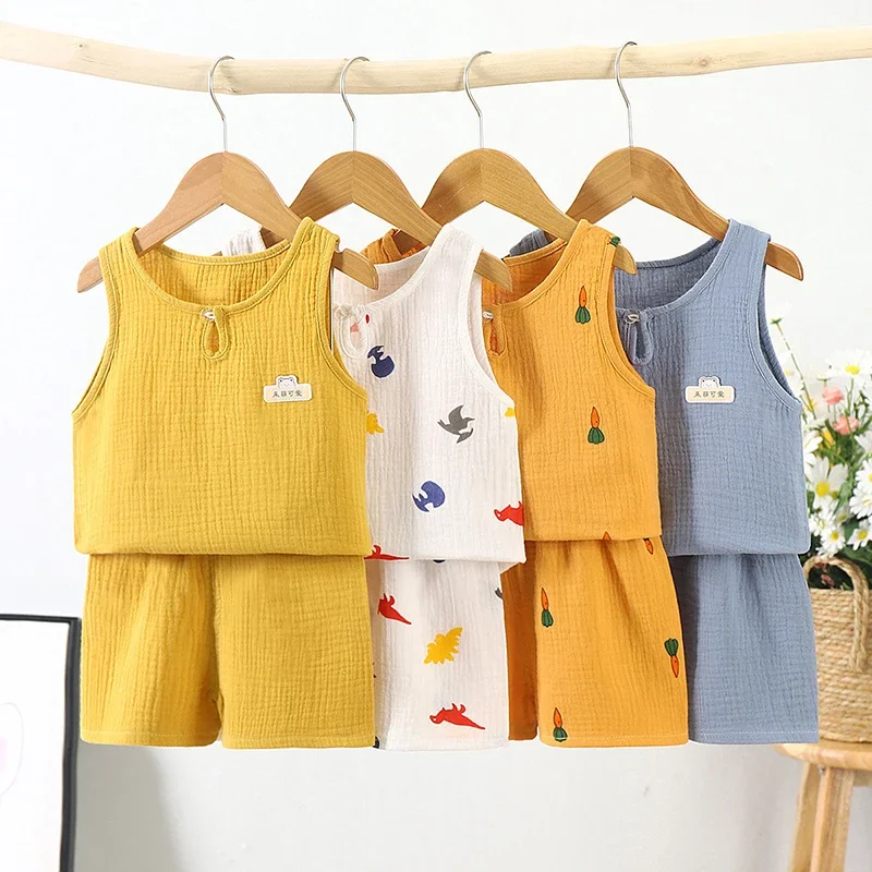 Summer New Gauze Cotton Boys And Girls Tank Tops + Shorts Suit Korean Children's Baby Home Clothes Infant 2pcs Sets