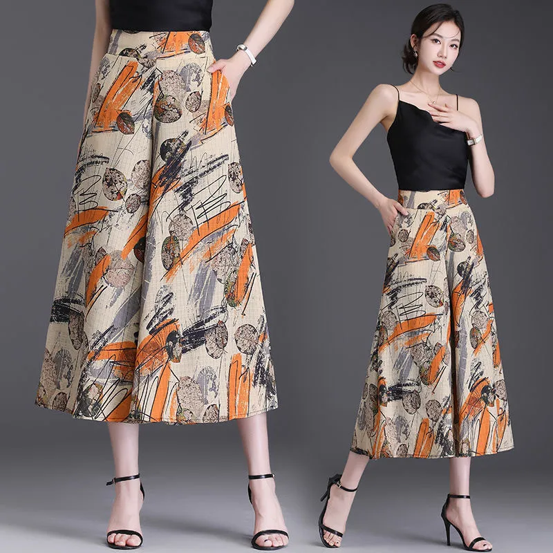 

Женские шифоновые брюки-палаццо с широкими штанинами, тонкие, укороченные (7/8), летние, новые, с высокой талией, свободные, драпированные, с цветочным принтом, в стиле юбка-брюки