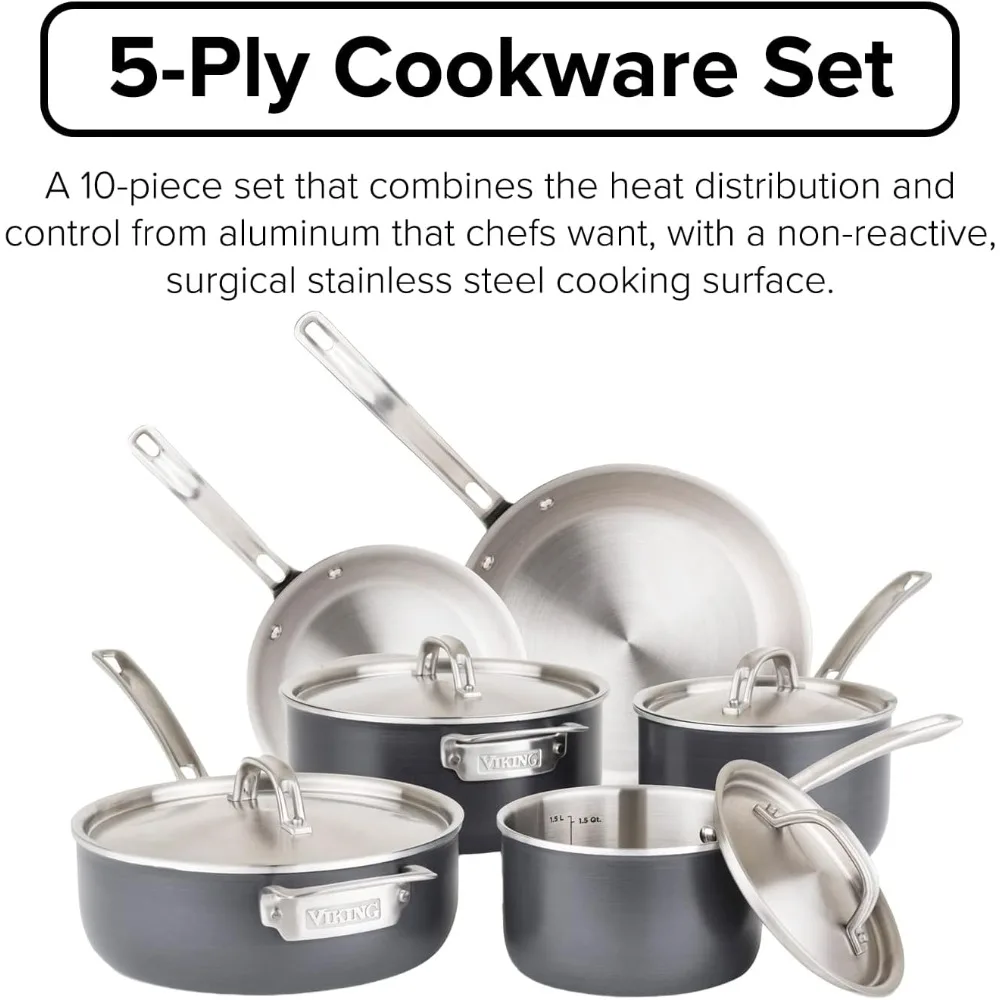 Culinary 5-Ply Hard Stainless Cookware Set, 10 Piece, Hard Anodized Exterior, Dishwasher, Oven Safe