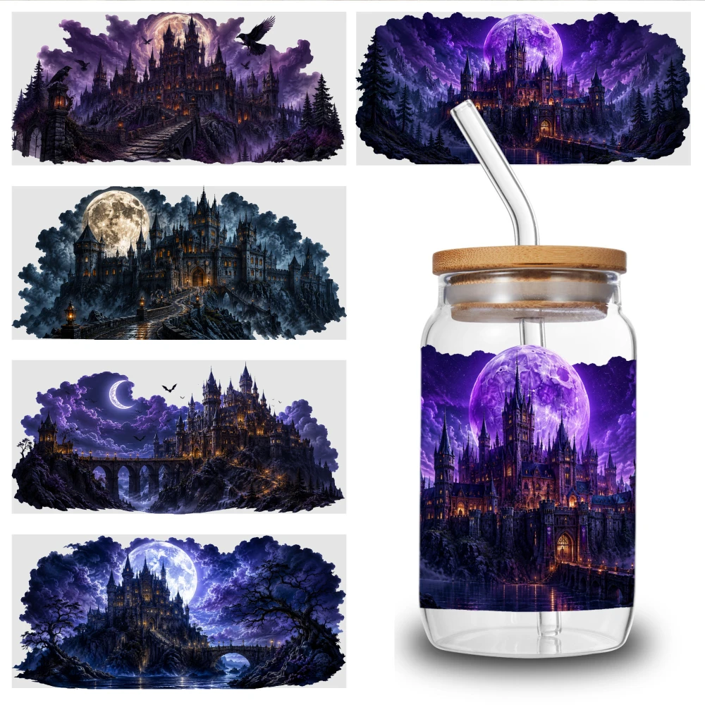 5 Sheets Mystical Castle Moonlight UV DTF Stickers DIY Water Bottle Glass UV DTF Transfer Stickers for Glass Cups Waterproof