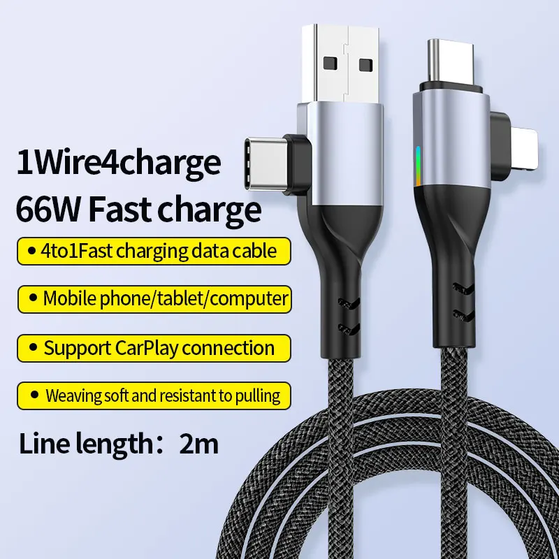 

WONDRARISE PD100W 4-in-1 Charging Cable – USB/Type-C/Lightning Multi Cable, 1M & 2M Options, Black Braided with Silver Alloy