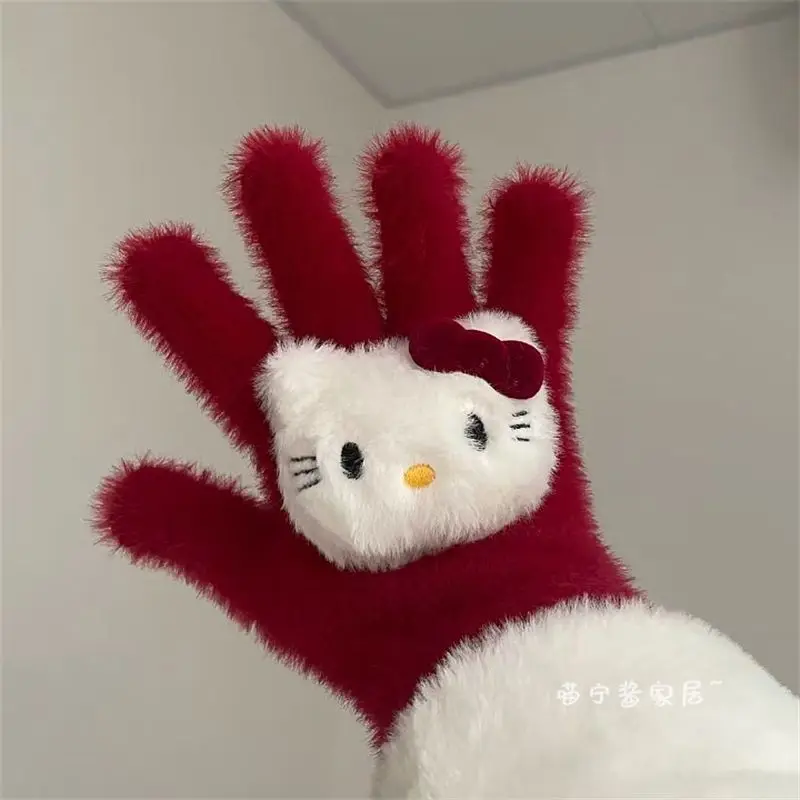 Novo Red Kitty Furry Luvas Nicho Outono e Inverno Retro Pelúcia Luvas Quentes Anticongelante