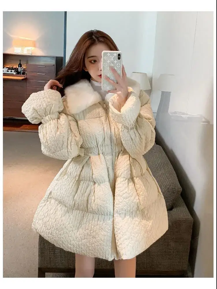Korean Sweet Mid-Length Padded Coat for Women Winter Doll Collar Waist-Cinching Puffer Parkas Woman A Line Fluffy Quilted Jacket