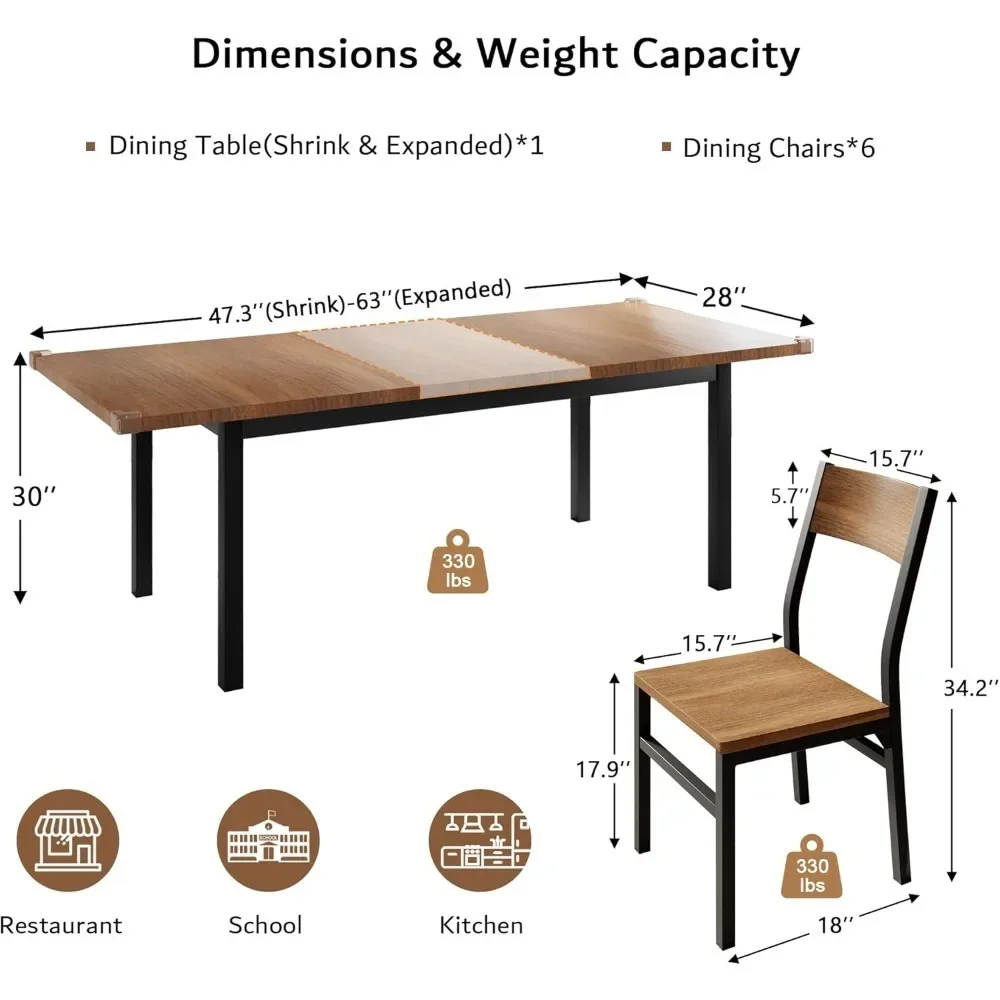 Extendable Kitchen Table Dining Room Table with Metal Frame & MDF Board, Perfect for Small Space, Easy Clean