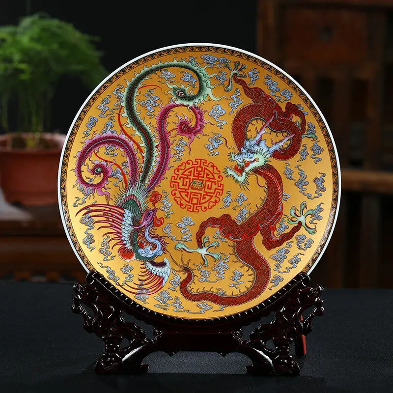 26cm Chinese exquisite Qing Qianlong Famille Rose Porcelain Dragon Phoenix Pattern Plate