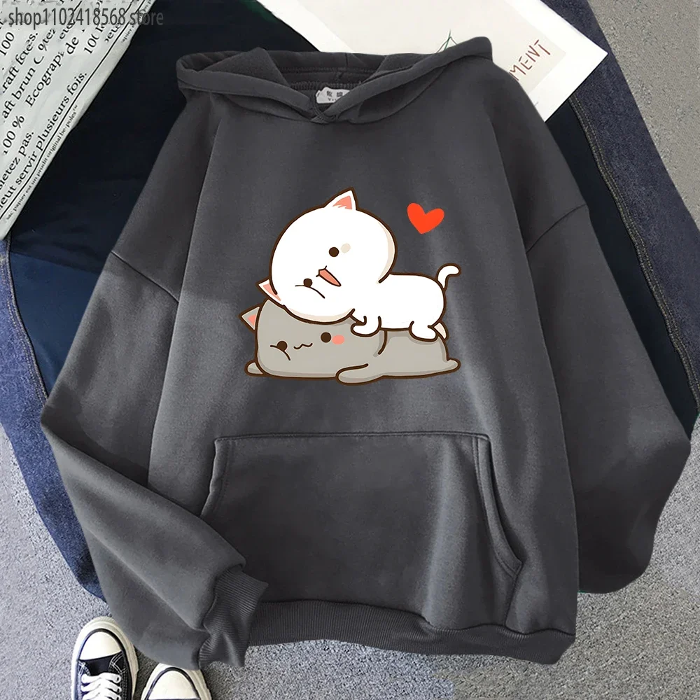 Hoodie motif kucing persik Hoodie Kawaii kartun Goma Mochi Sweatshirt wanita pakaian wanita gaya Korea Streetwear Hoody Harajuku pria