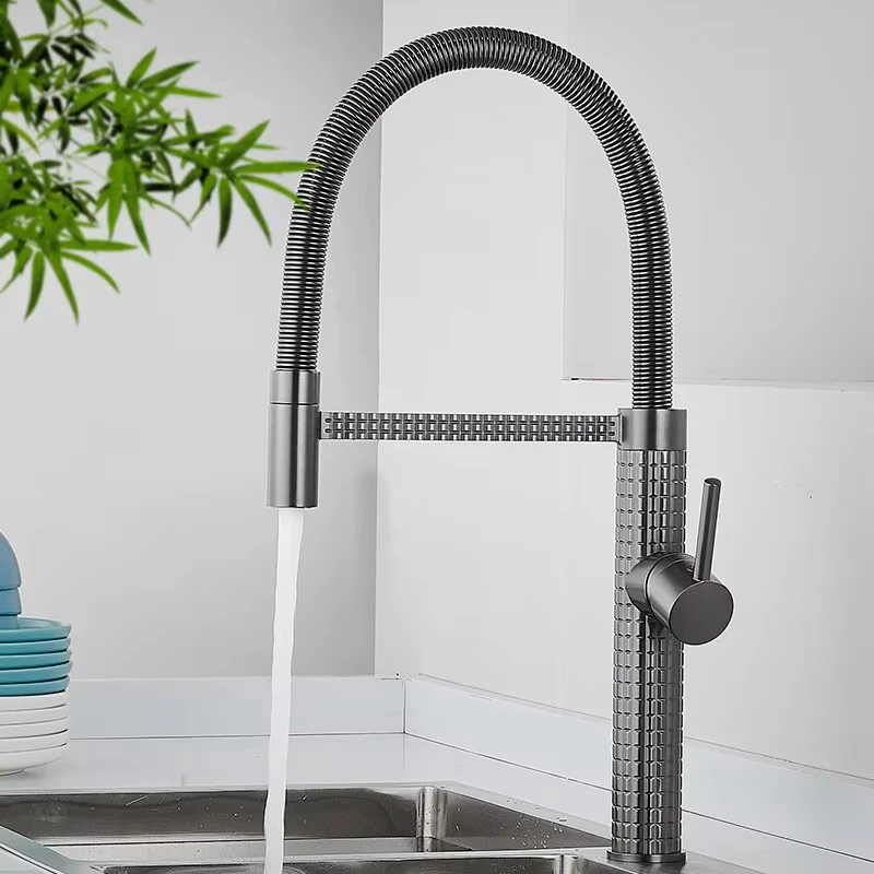 High-End Modern Single-Hole Deck Mount Brushed Rotatable Spring Sink Faucet Hot & Cold Kitchen Faucet