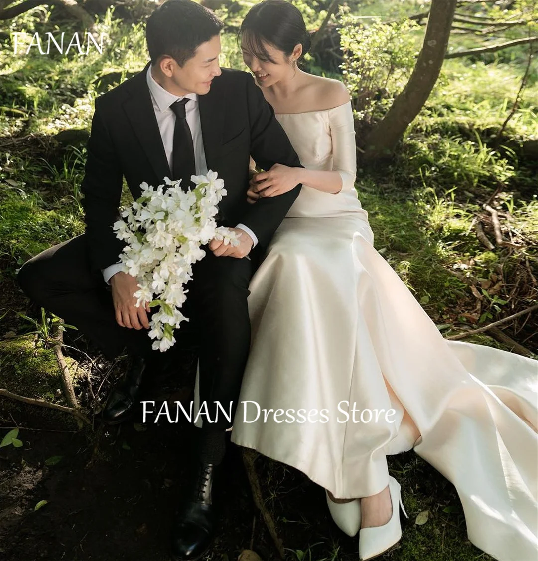 Fanan ชุดเดรสแต่งงานแขนสั้นเกาะอกงาช้างหรูหราแบบเกาหลีสำหรับงานแต่งงานงานปาร์ตี้ชาวเมอร์เมดซาตินเปิดไหล่ชุดเจ้าสาวมีไซส์ใหญ่พิเศษ