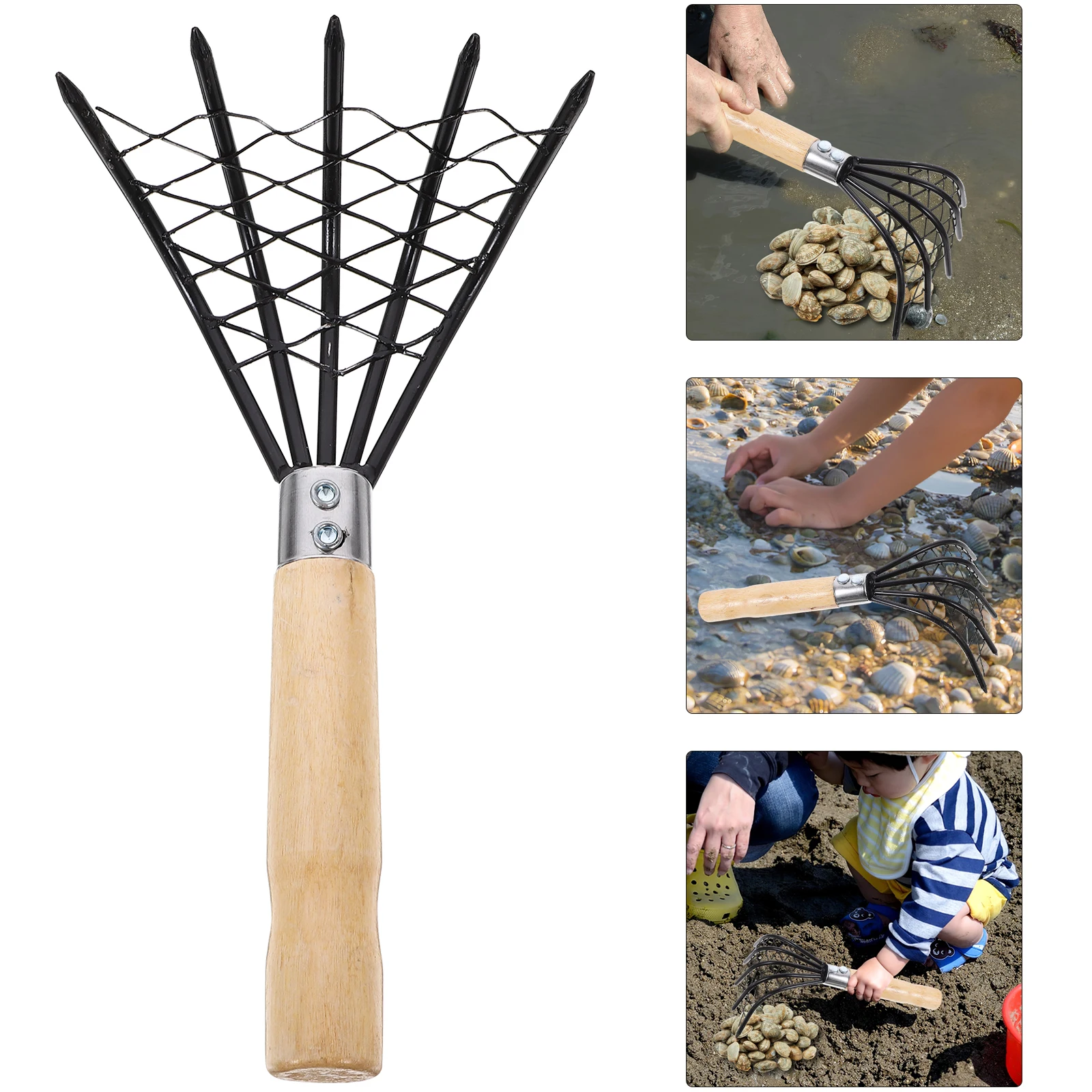 

1pc Beach Clam Rake Net Bag Stainless Steel Wood Handle Seafood Digging Tool Claw Design Sand Rake For Clams Oysters Durable