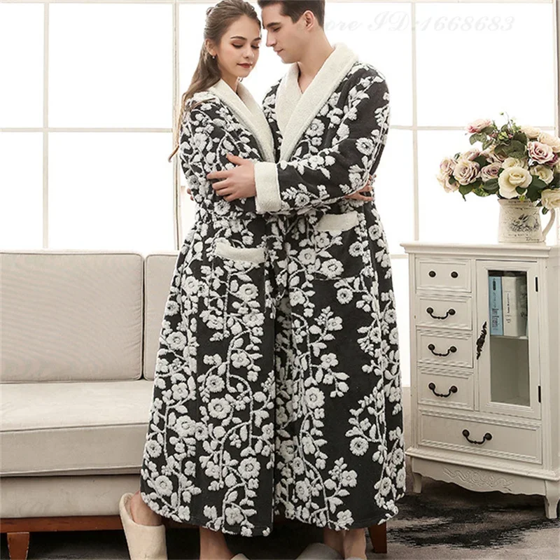 Winter Warm Coral Fleece Couple Long Robe Thick Flannel Jacquard Bathrobe Sleepwear Nightwear Loose Casual Homewear Lounge Wear