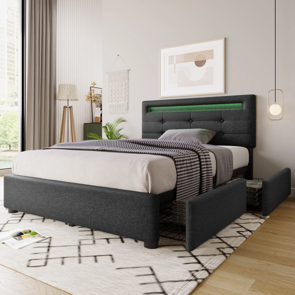 Single bed with 2 drawers, 90x200 cm, height-adjustable headboard, wooden slatted frame, grey (mattress not included)