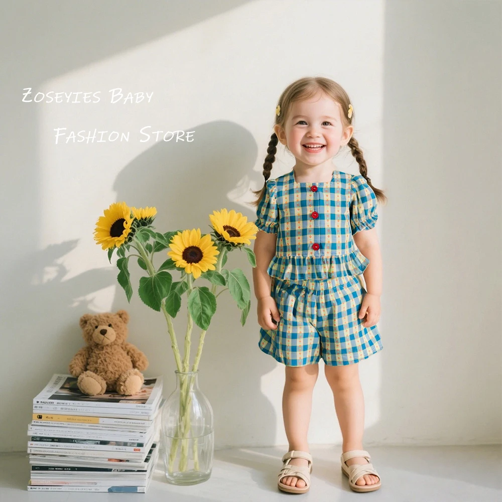2pc/Set Girls Set Summer Plaid Cotton Short Sleeve Top Shorts Baby Outfit Set Cute Girls Beach Set Baby Girl Clothes
