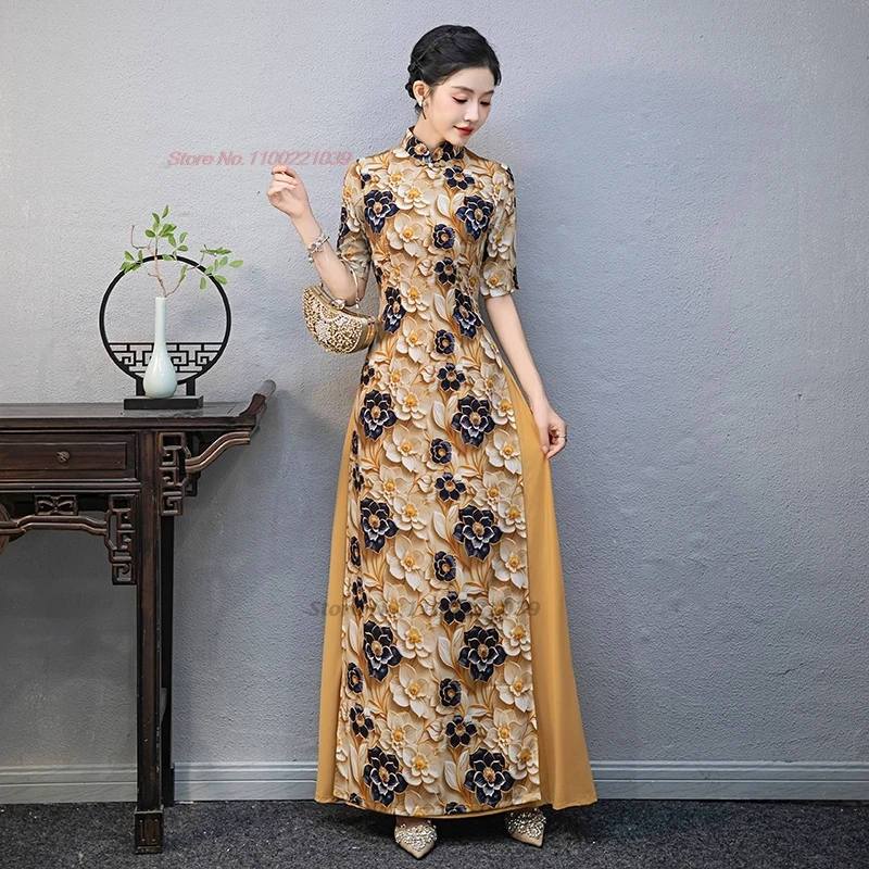 2025 aodai dress vietnam traditional dress improved qipao national flower print a-line cheongsam stage dress banquet party dress