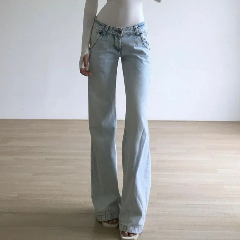 Fanan New American Vintage Streetwear Denim Pants Women Light Blue Low Waist Jeans for Lady Y2K Fashion Washed Straight Trousers