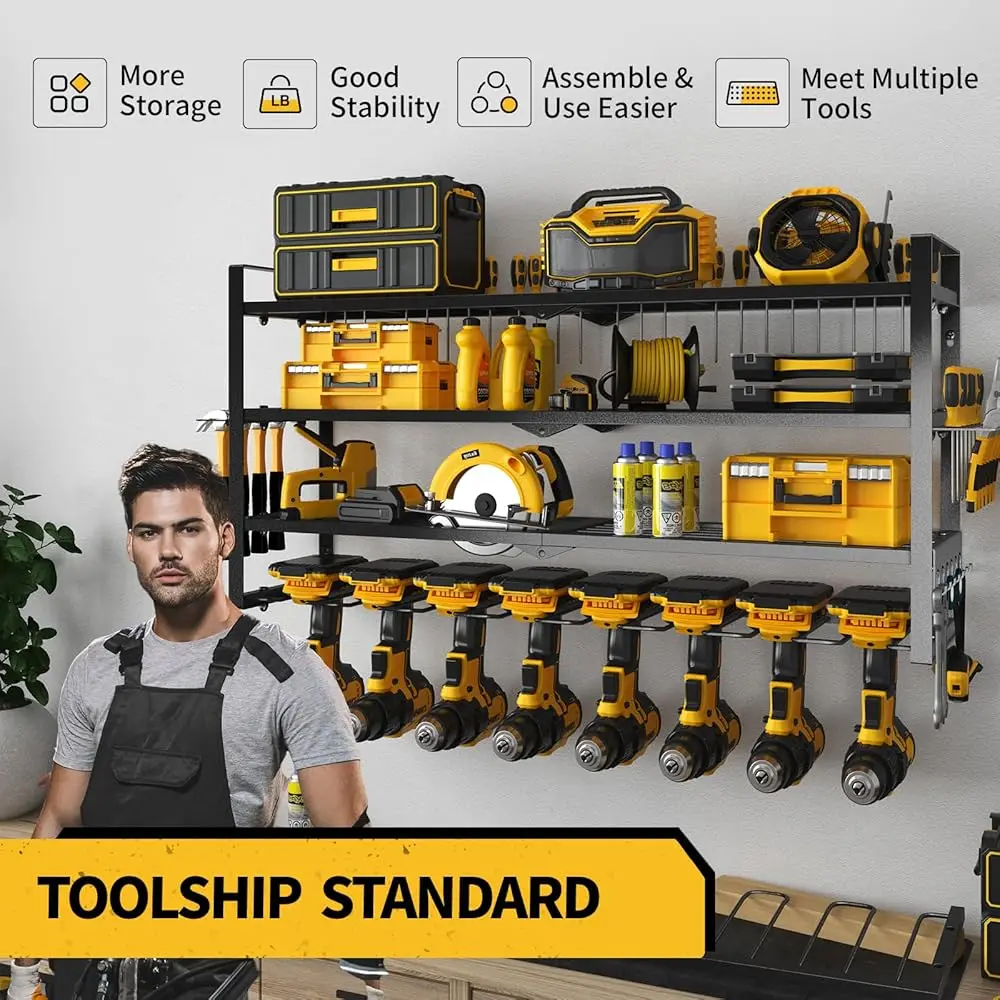 Power Tool Organizer, Drill Holder Wall Mount, 4 Layers Tool Storage, Heavy Duty Garage 8 Drill Storage Shelf With