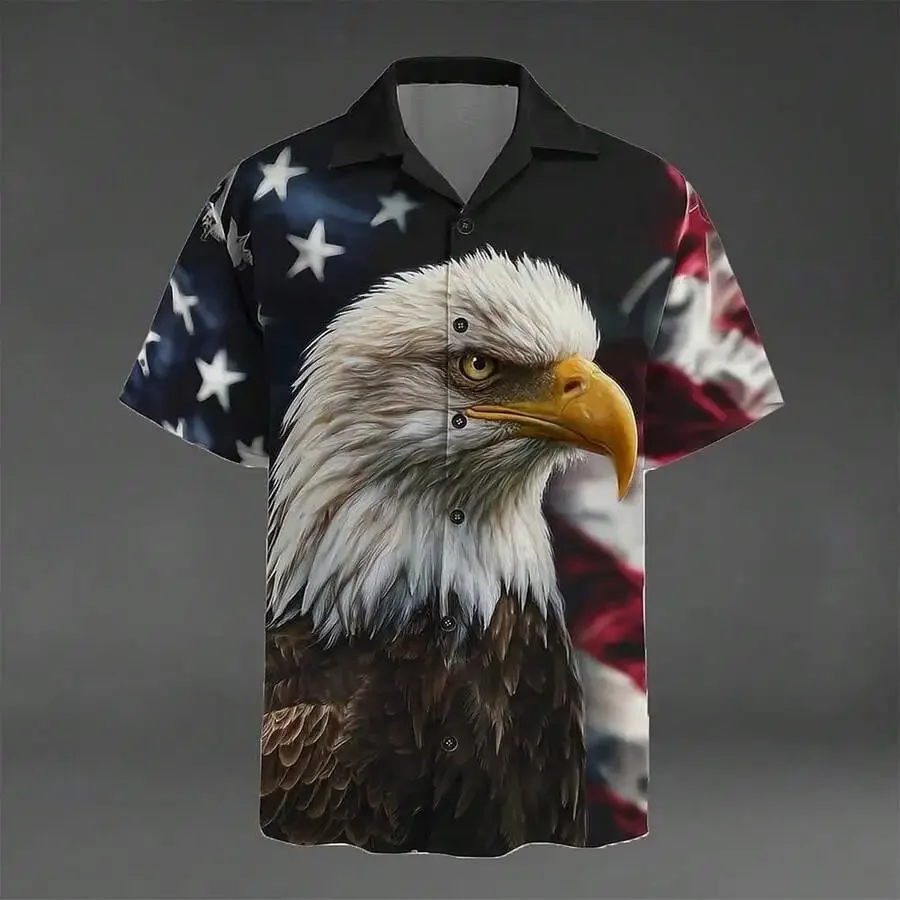 

Mens 3D Eagle And US Flag Print Button Up Short Sleeve Casual Shirt