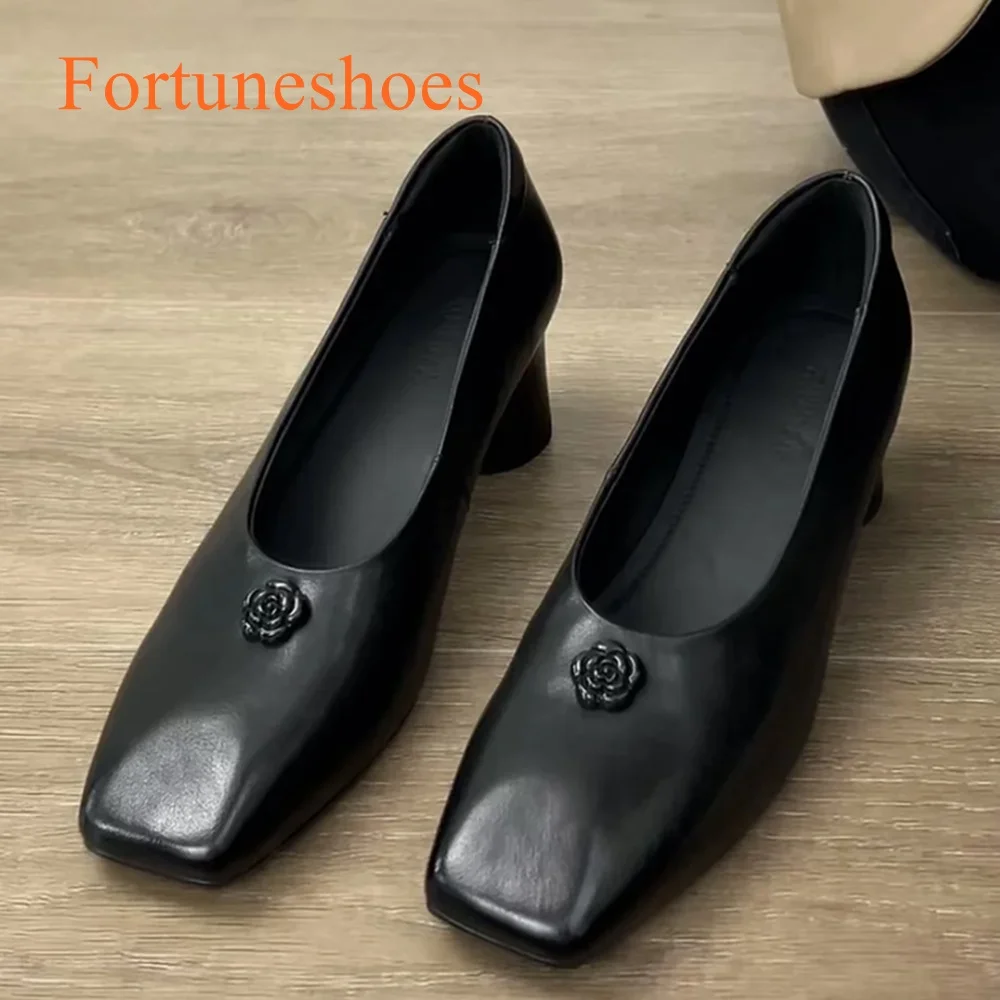 

Slip On Flowers Square Toe Pumps Solid Hollow Shallow Chunky Heel Pumps Fashion Casual 2025 New Arrivals Spring Retro Pumps