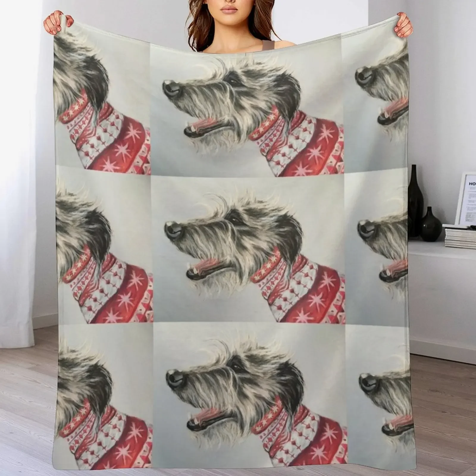 Scruffy Lurcher in Christmas jumper Throw Blanket Beautifuls Loose Blankets