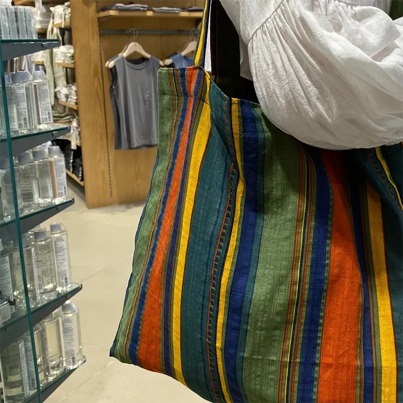 Ladies Bohemian Striped Linen Tote Bag Large Capacity Casual Shoulder Bag Daily Handbag for Daily Commute Shopping Travel image 4