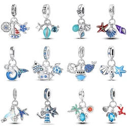 925 Sterling Silver Blue Ocean Ship Lighthouse Starfish Turtle Dolphin Charms Pendants Fit Qikaola Bracelets DIY Jewelry Gifts